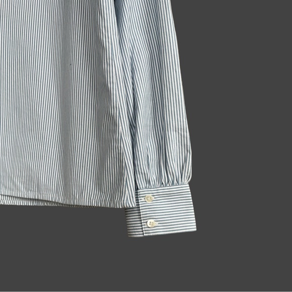 SEZANE Blue White Pinstripe Ruffle Lace High Neck Striped Button Down Chlo Shirt - Picture 9 of 16